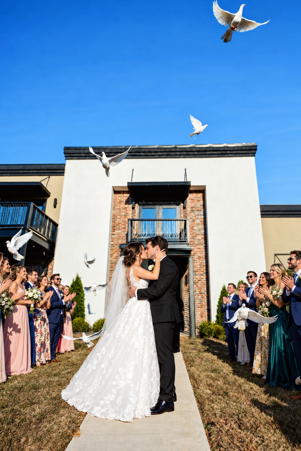 A wedding couple sharing a kiss as white doves take flight